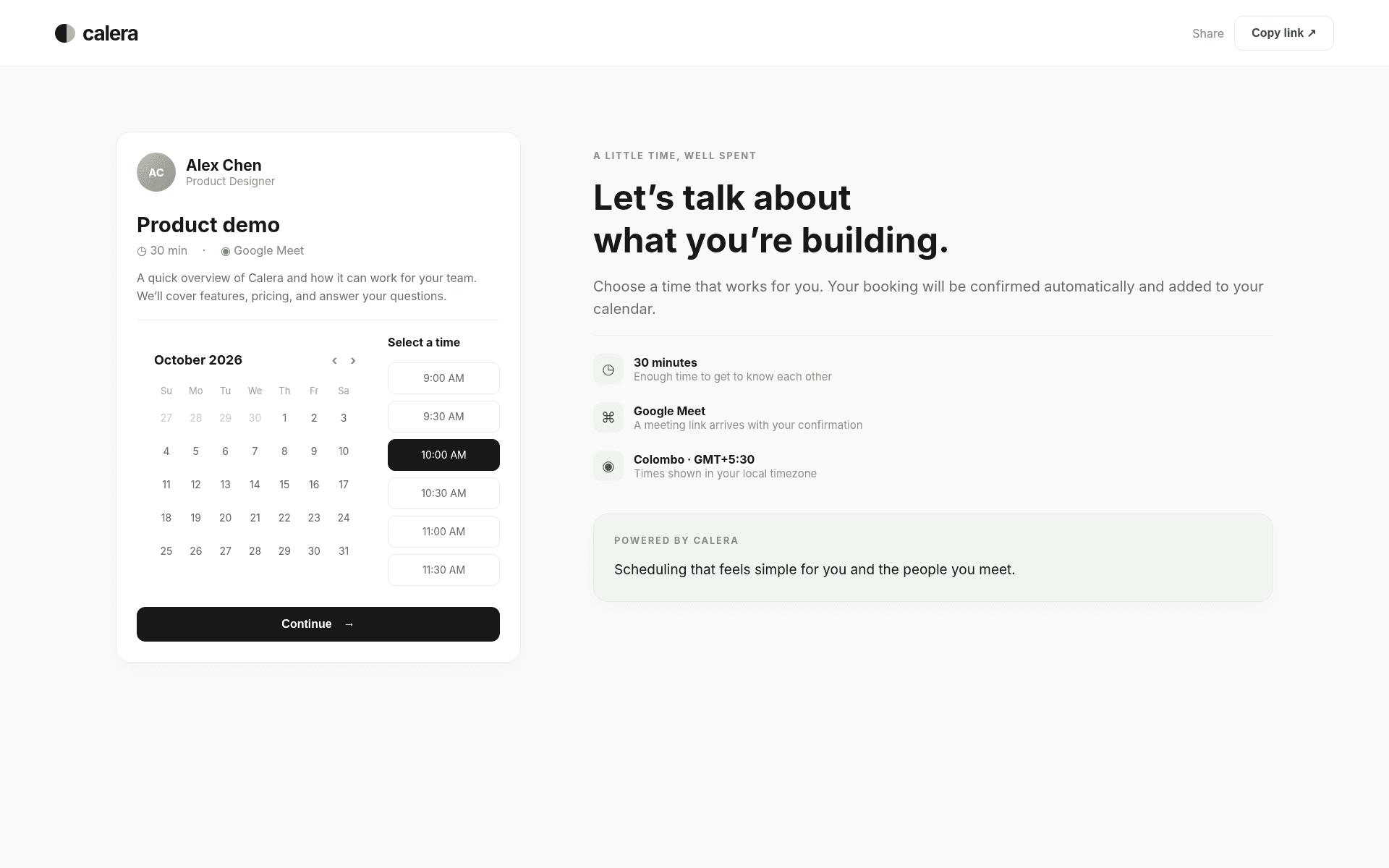 Calera public booking page with date and time selection