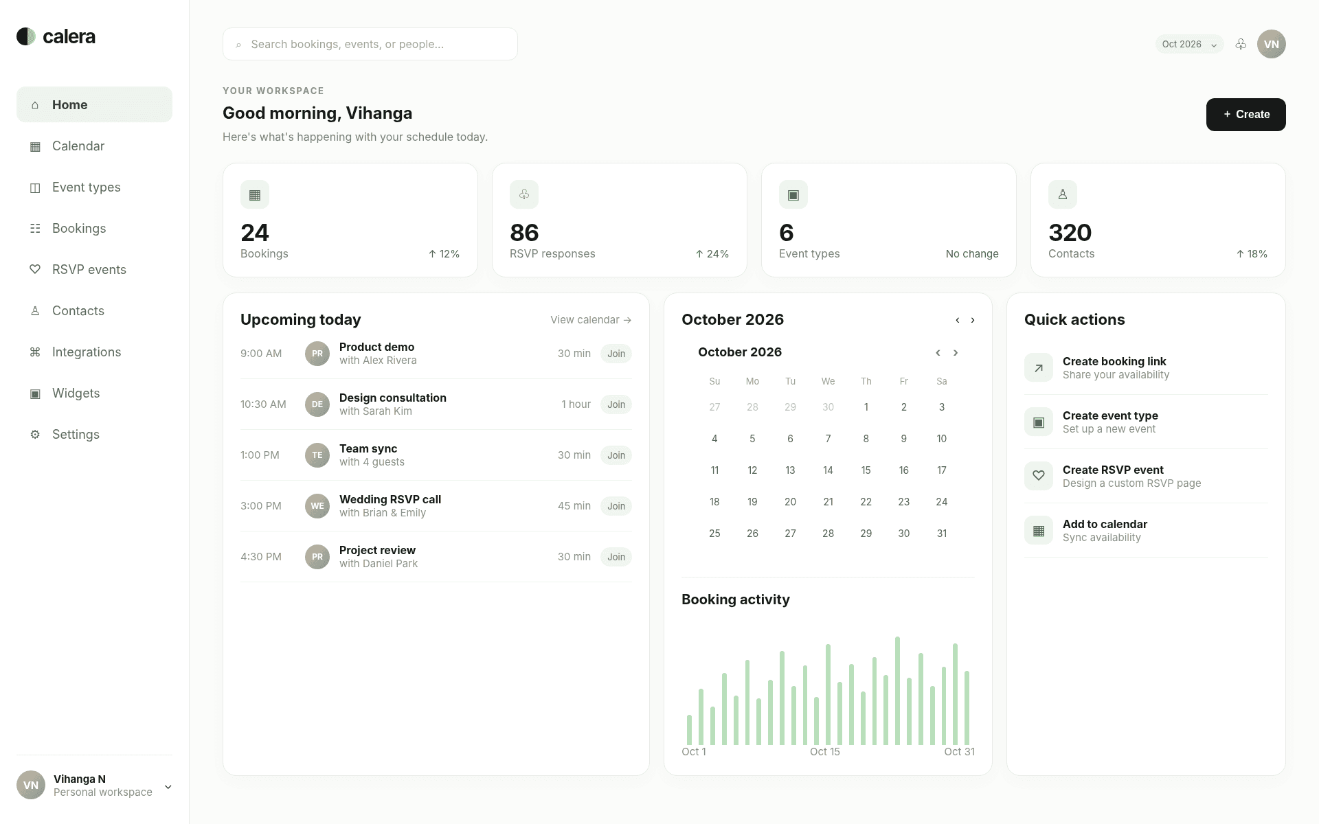 Calera dashboard with booking insights and upcoming appointments