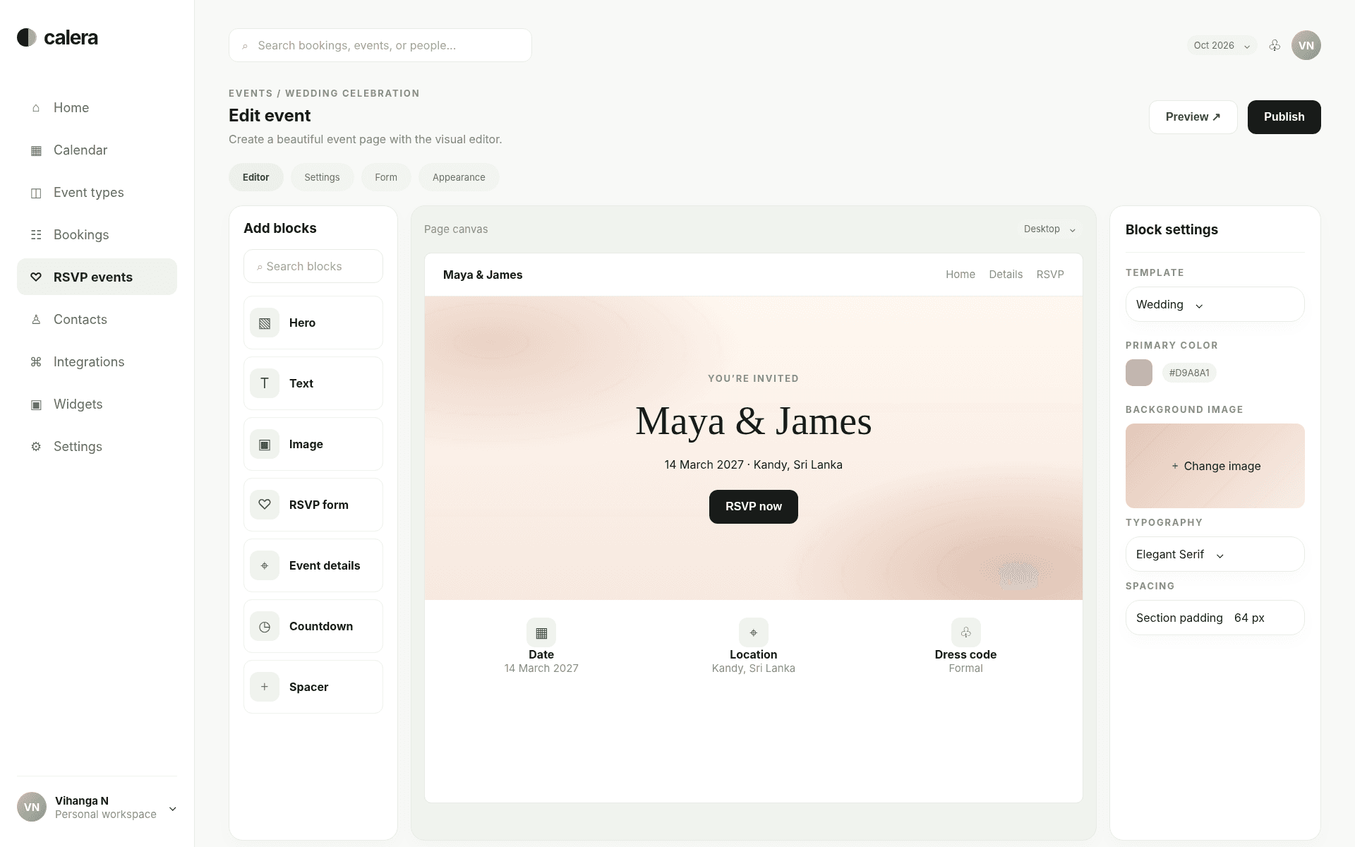 Calera visual event page editor