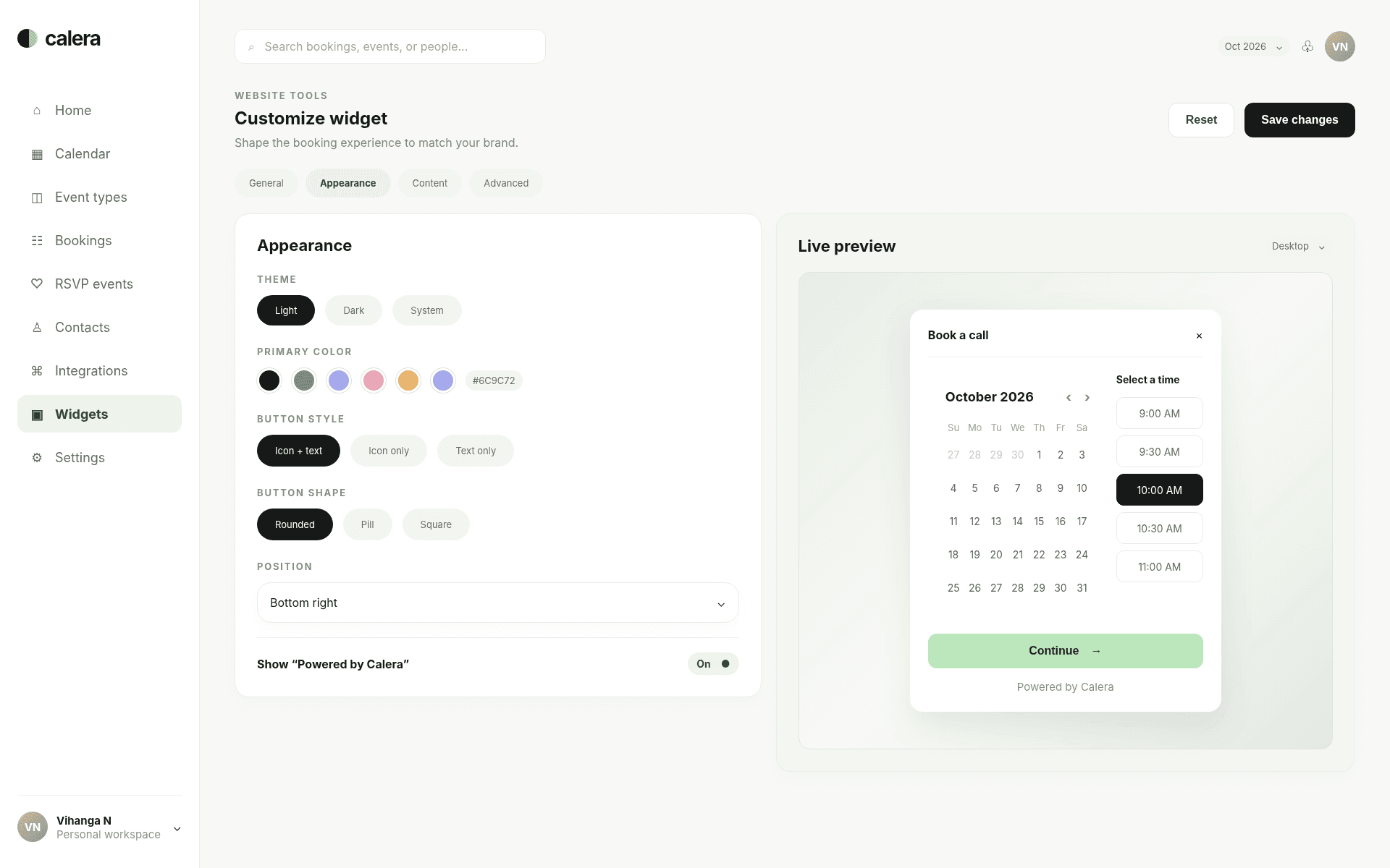 Calera widget customization interface with live preview